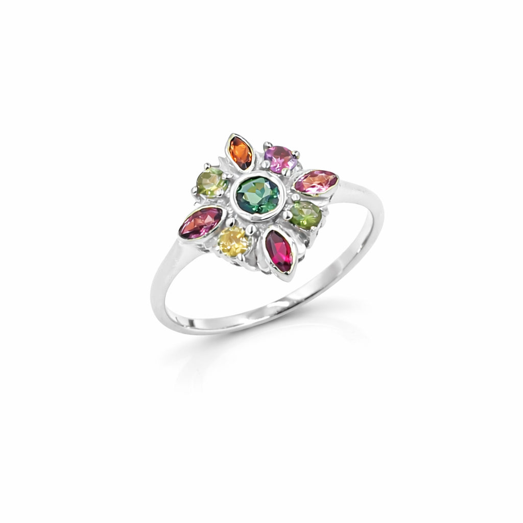 Multi Tourmaline Floral Designer Ring Marquise and Round Stones in 925 Silver