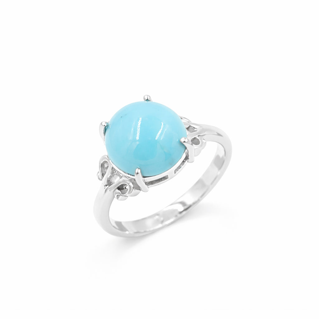 Turquoise Round Cabochon Ring 925 Silver Engraved Design