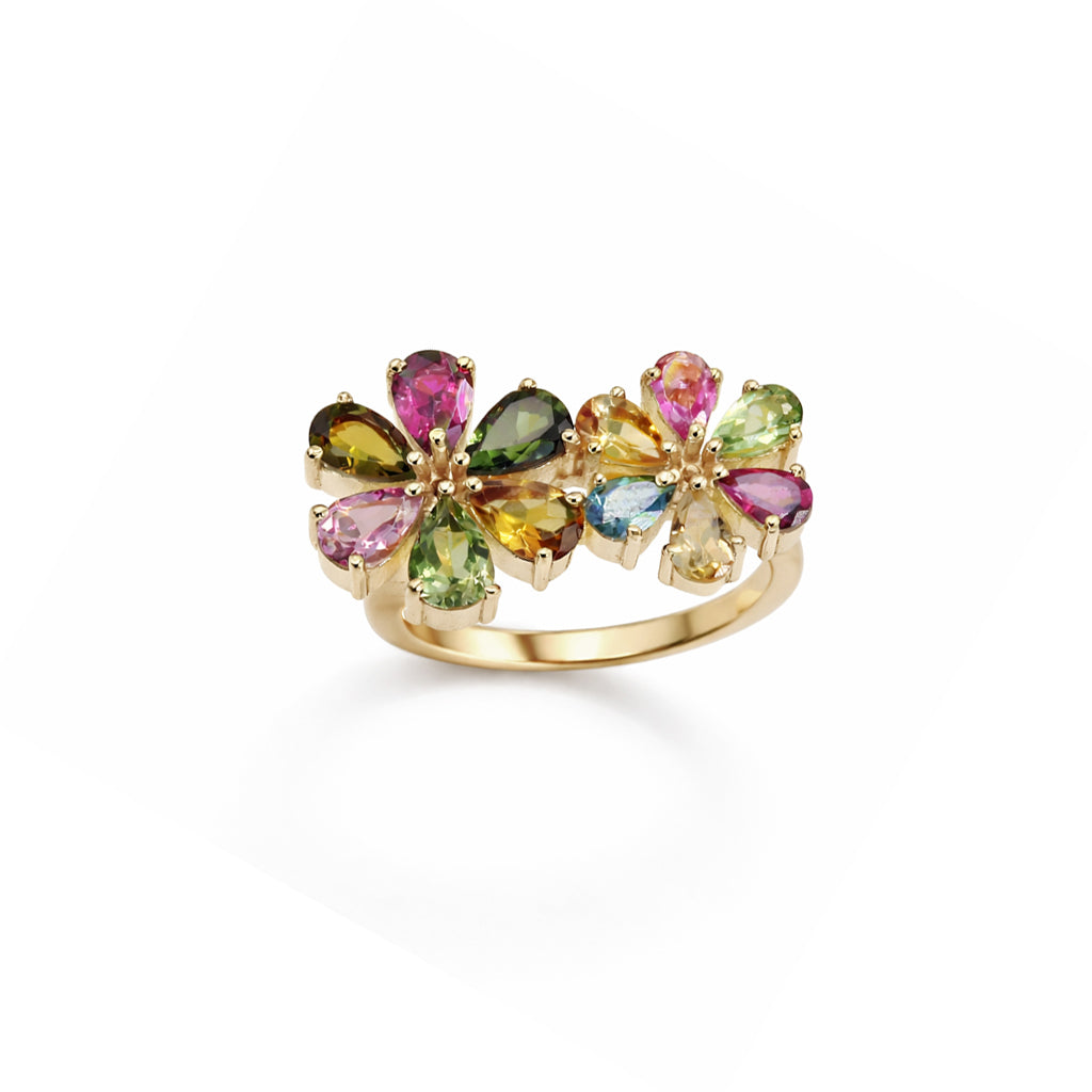 Multi Tourmaline Double Flower Ring American Pasqueflower Inspired in 925 Silver