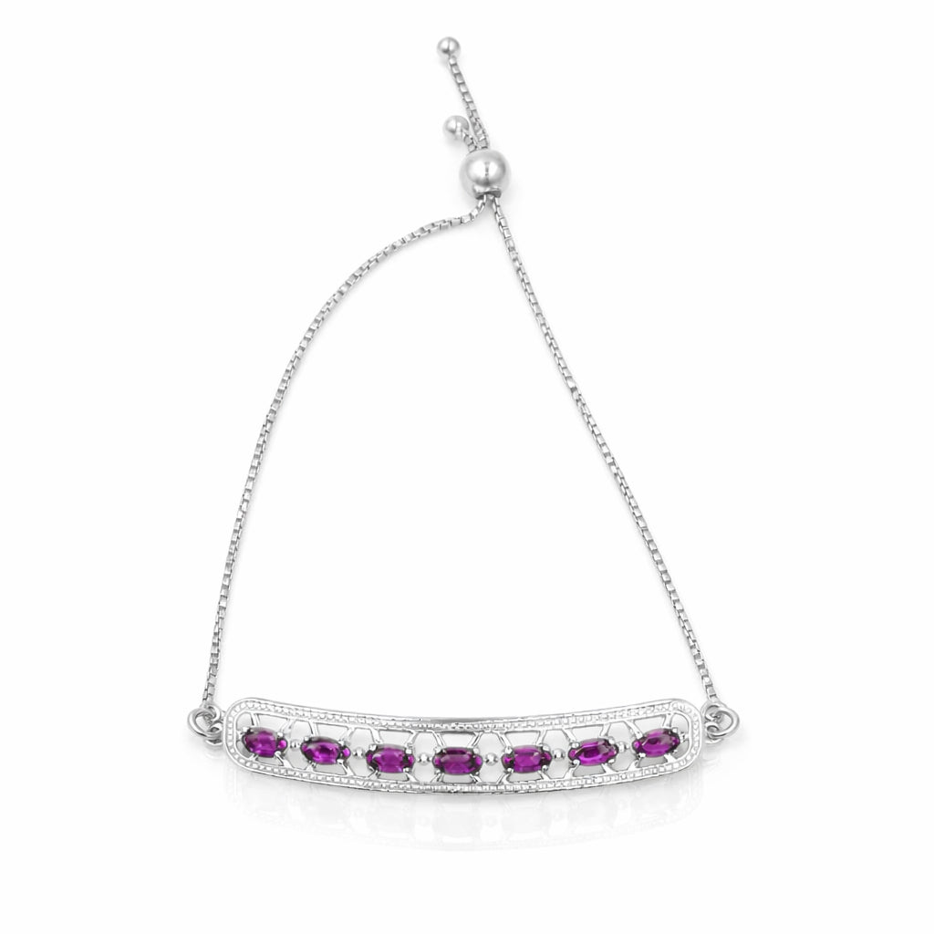 Rhodolite Garnet Oval Semi-Circle Bar Chain Bracelet in 925 Silver