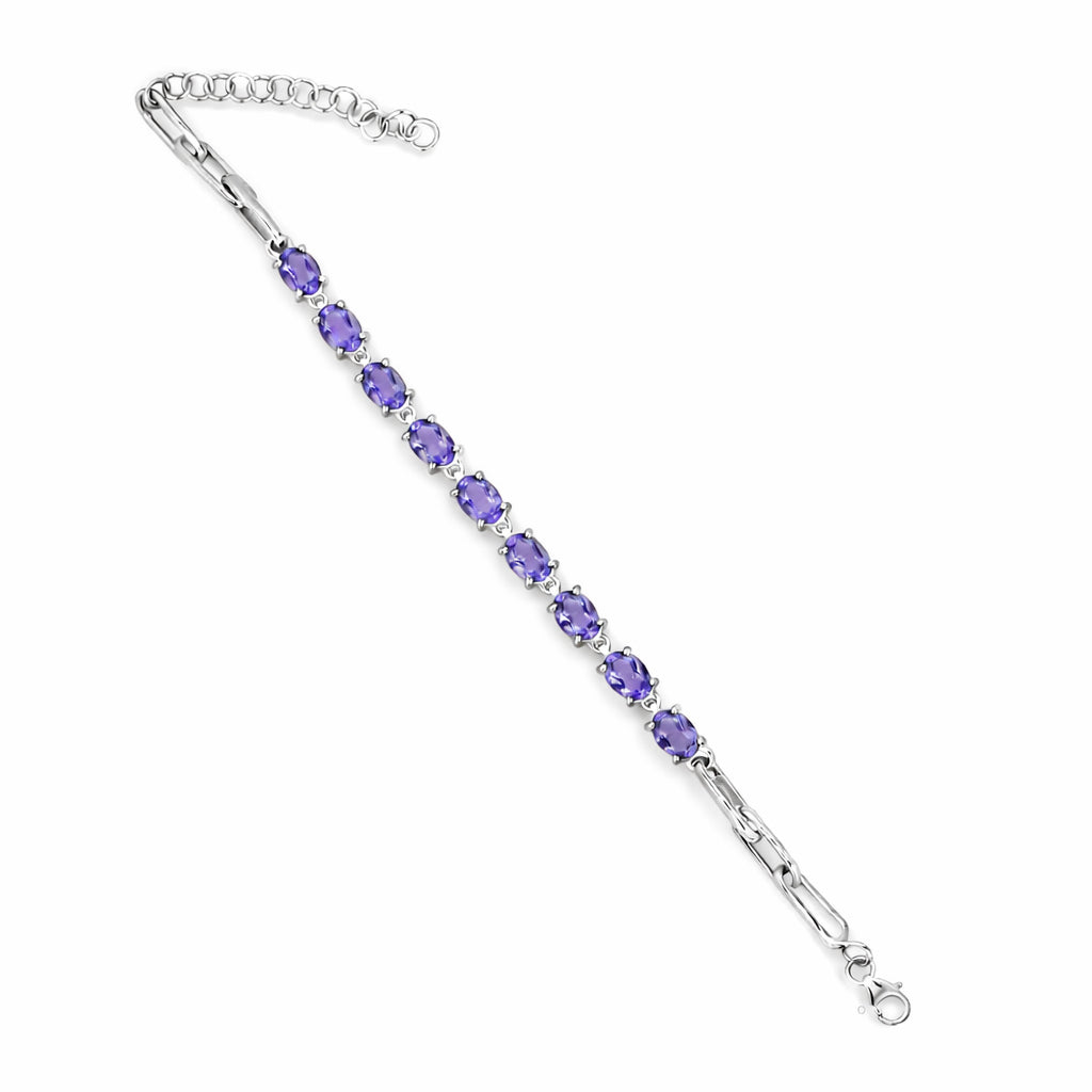 Amethyst Oval Stone Long Link Chain Bracelet in 925 Silver