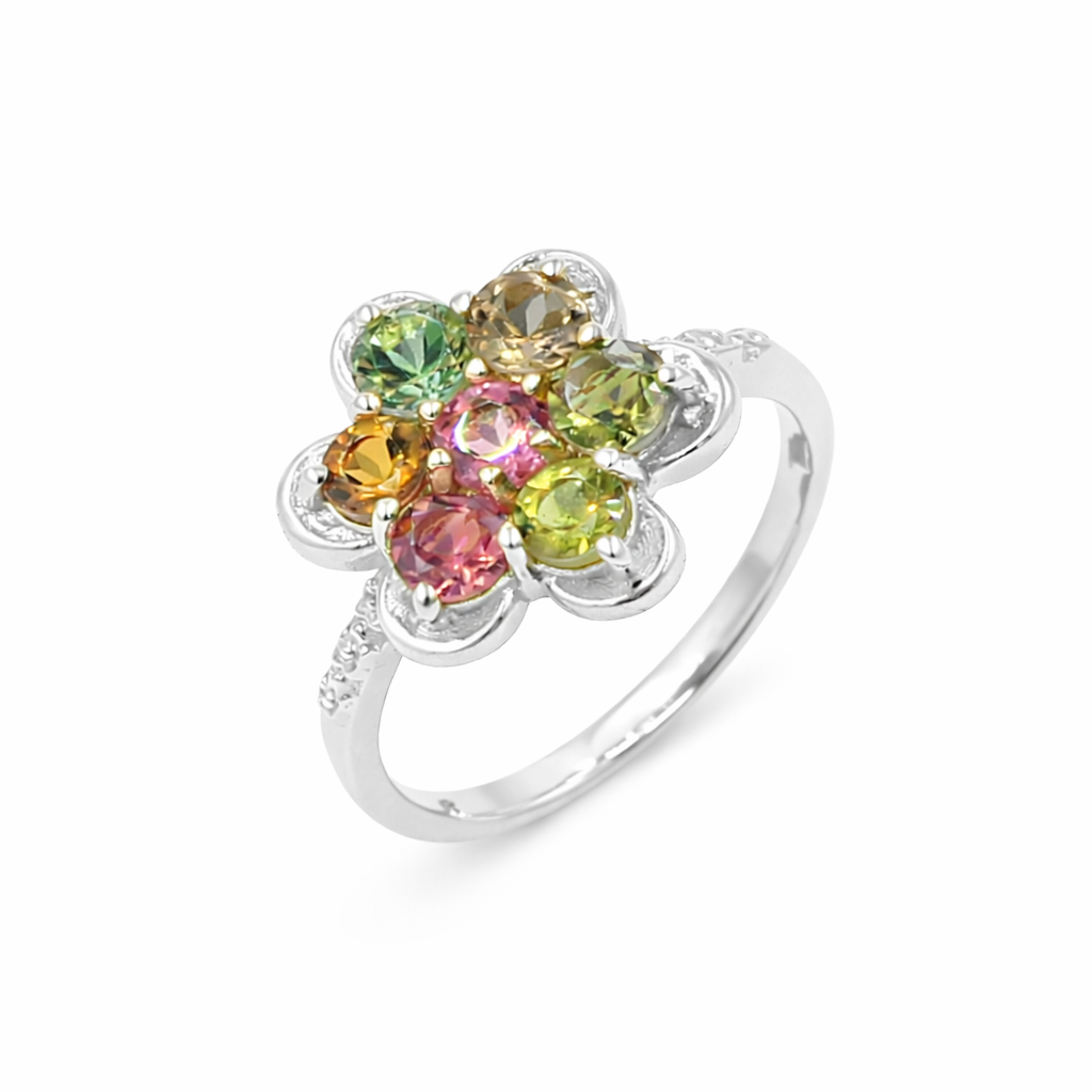 Multi Tourmaline Floral Cluster Ring in 925 Silver