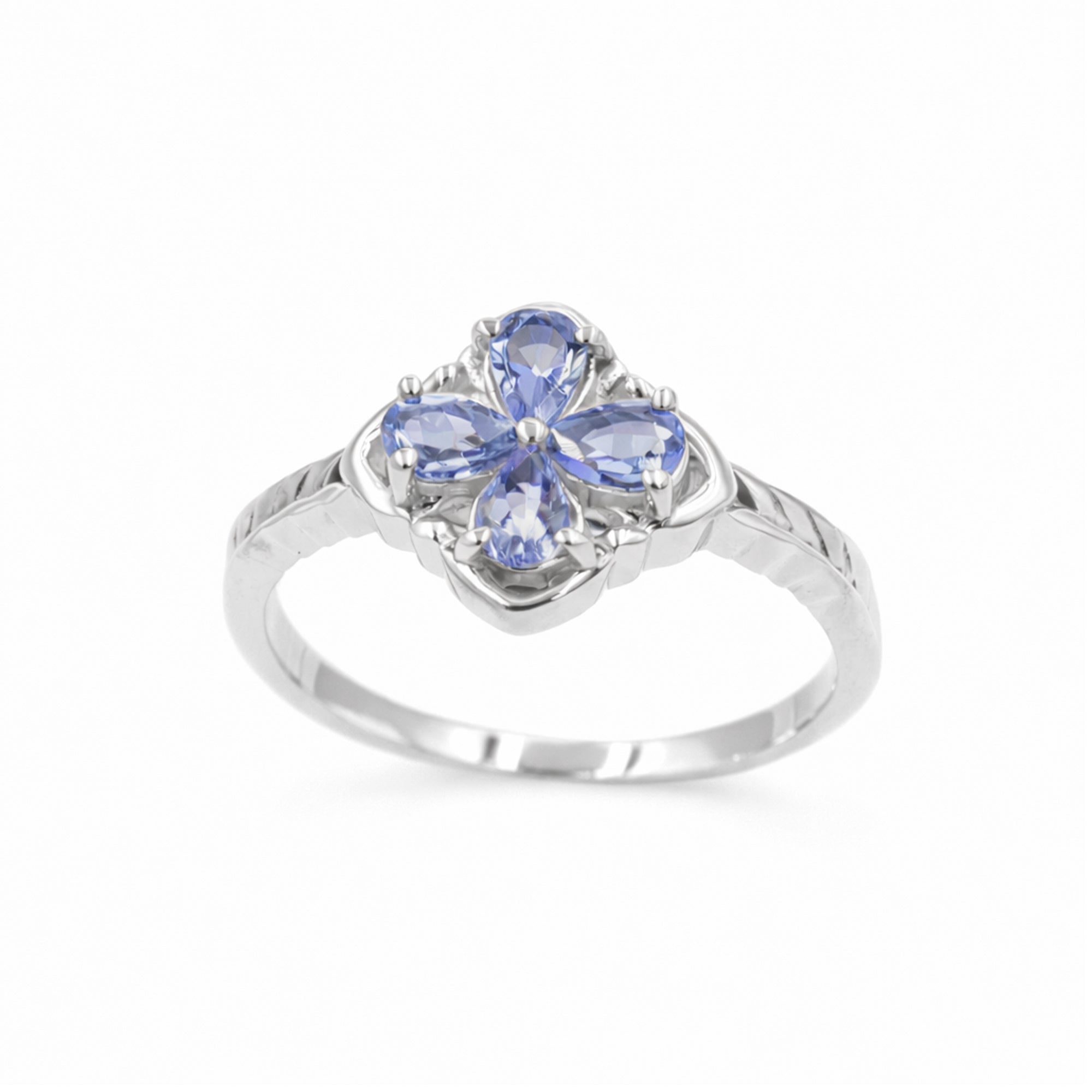 Wild Blue Flower Four Petal Floral Tanzanite Ring in 925 Silver
