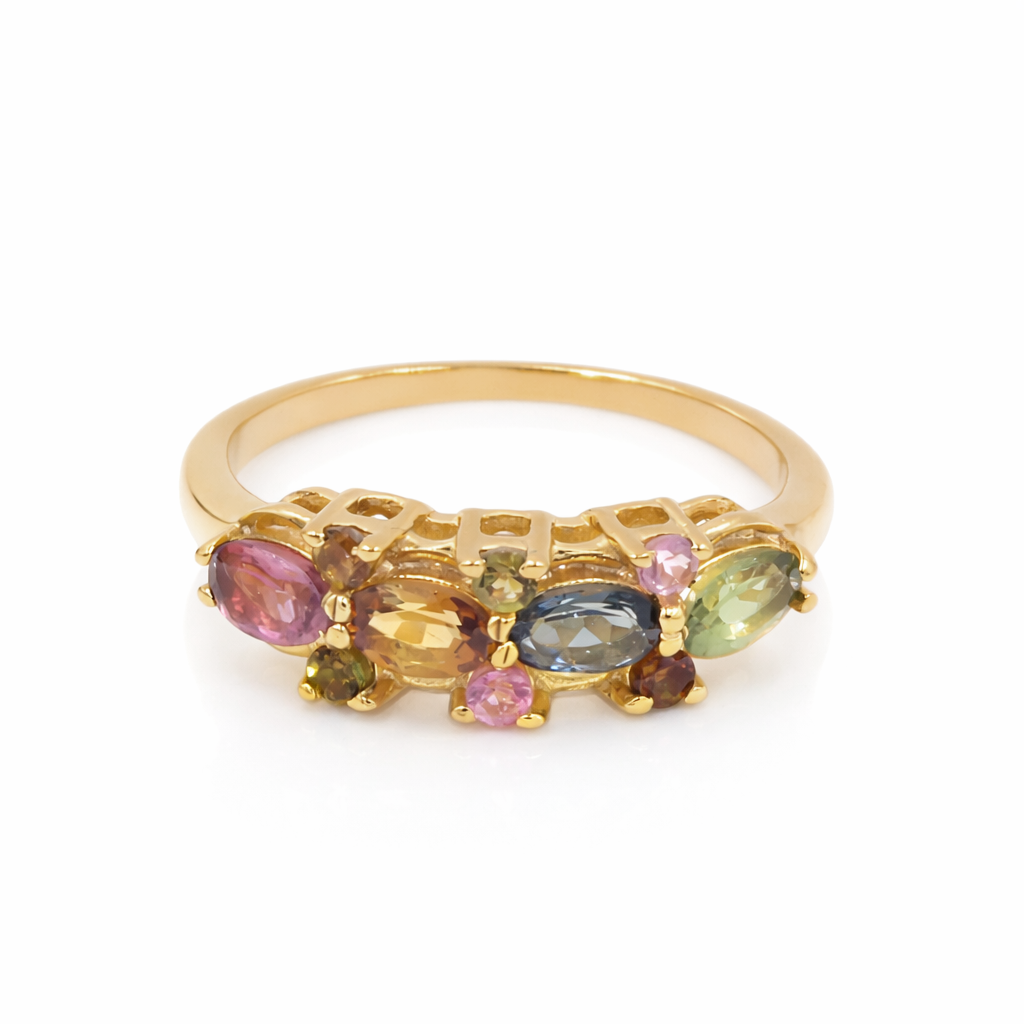 Multi Tourmaline Ten Stone Layered Ring in 925 Silver