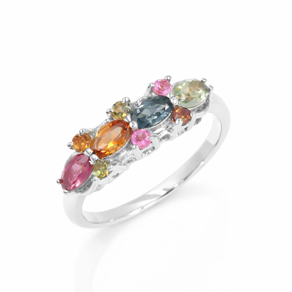 Multi Tourmaline Ten Stone Layered Ring in 925 Silver
