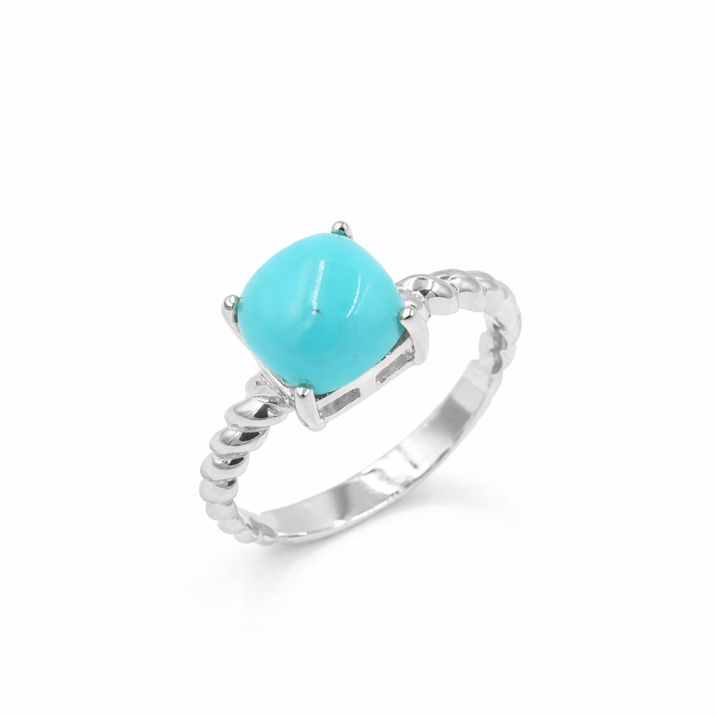 Turquoise Cushion Cabochon Ring 925 Silver Rope Band