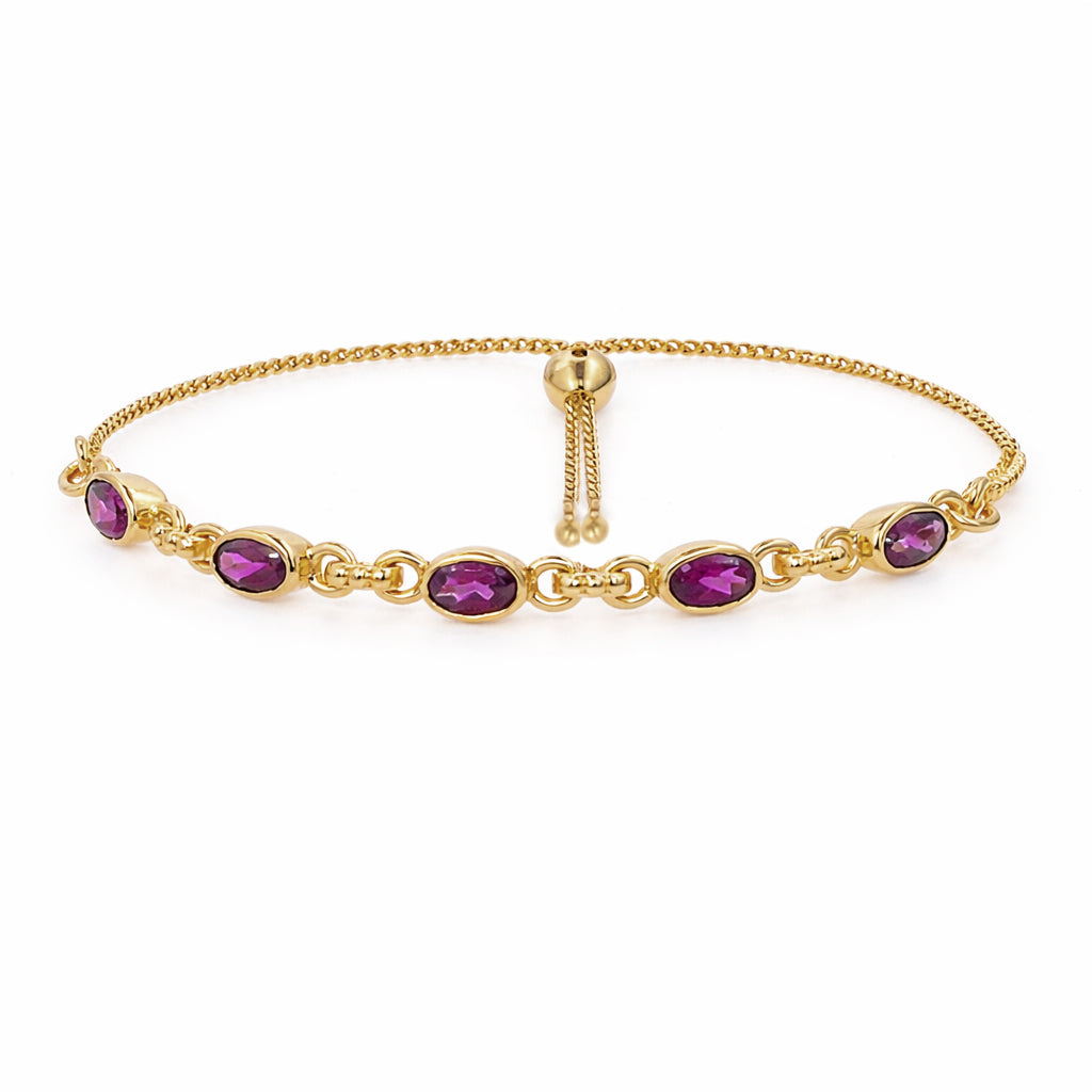 Rhodolite Garnet Oval Stone Charm Link Bracelet in 925 Silver