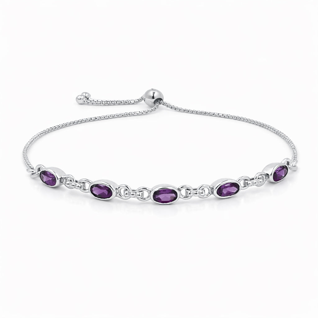 Rhodolite Garnet Oval Stone Charm Link Bracelet in 925 Silver