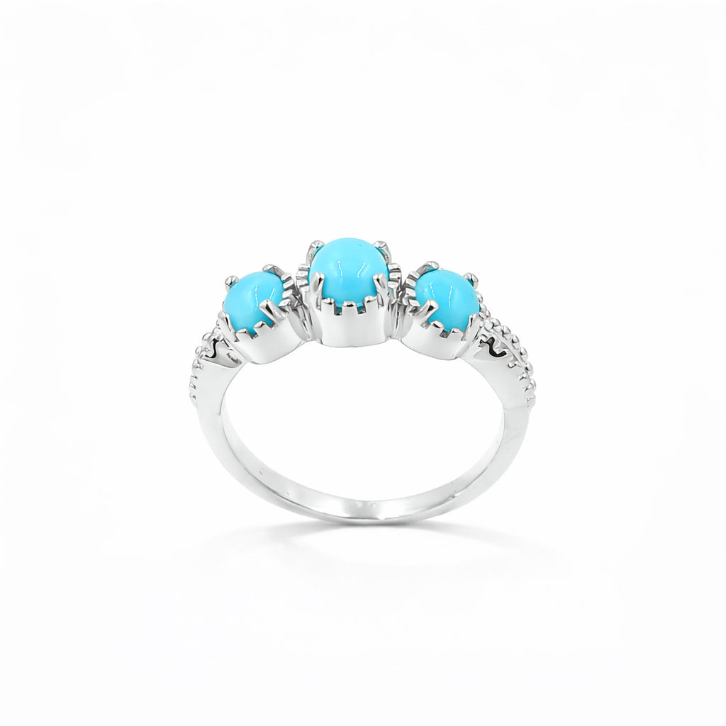 Three Stone Turquoise Oval Cabochon Ring 925 Silver
