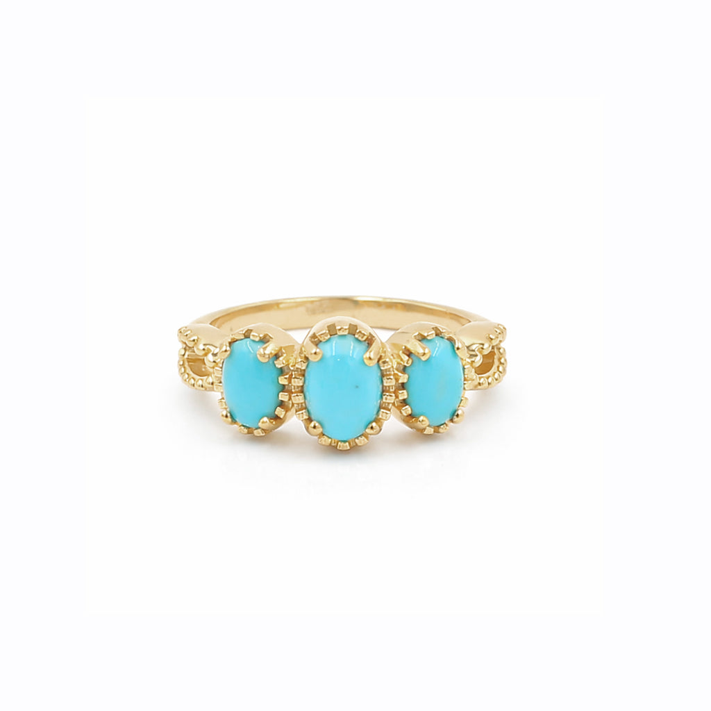 Three Stone Turquoise Oval Cabochon Ring 925 Silver