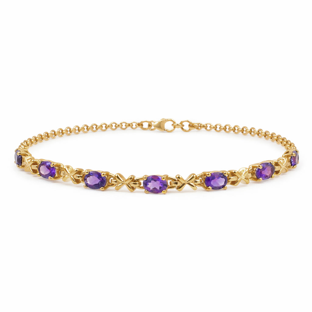 Amethyst Oval Stone Charm & Cross Link Bracelet in 925 Silver