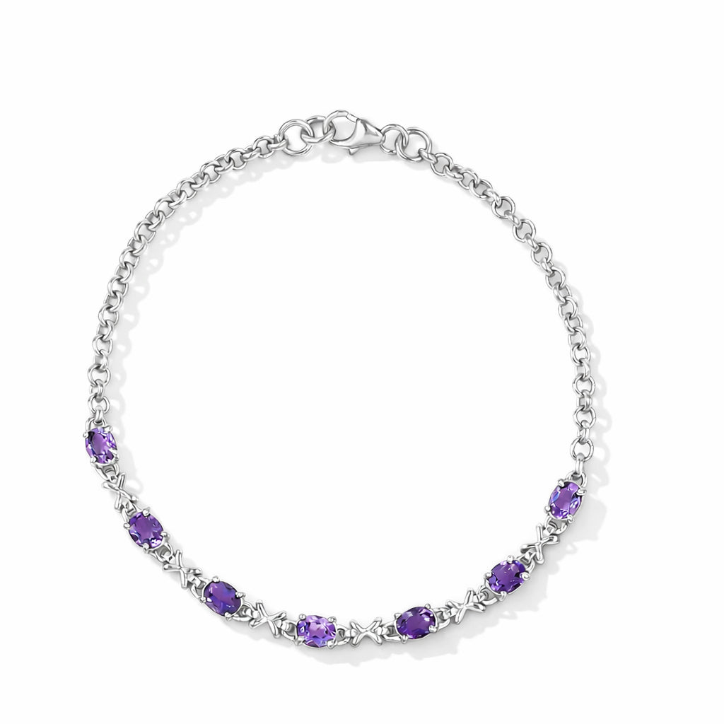 Amethyst Oval Stone Charm & Cross Link Bracelet in 925 Silver