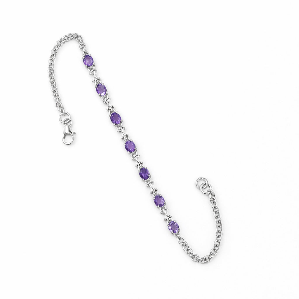 Amethyst Oval Stone Charm & Cross Link Bracelet in 925 Silver