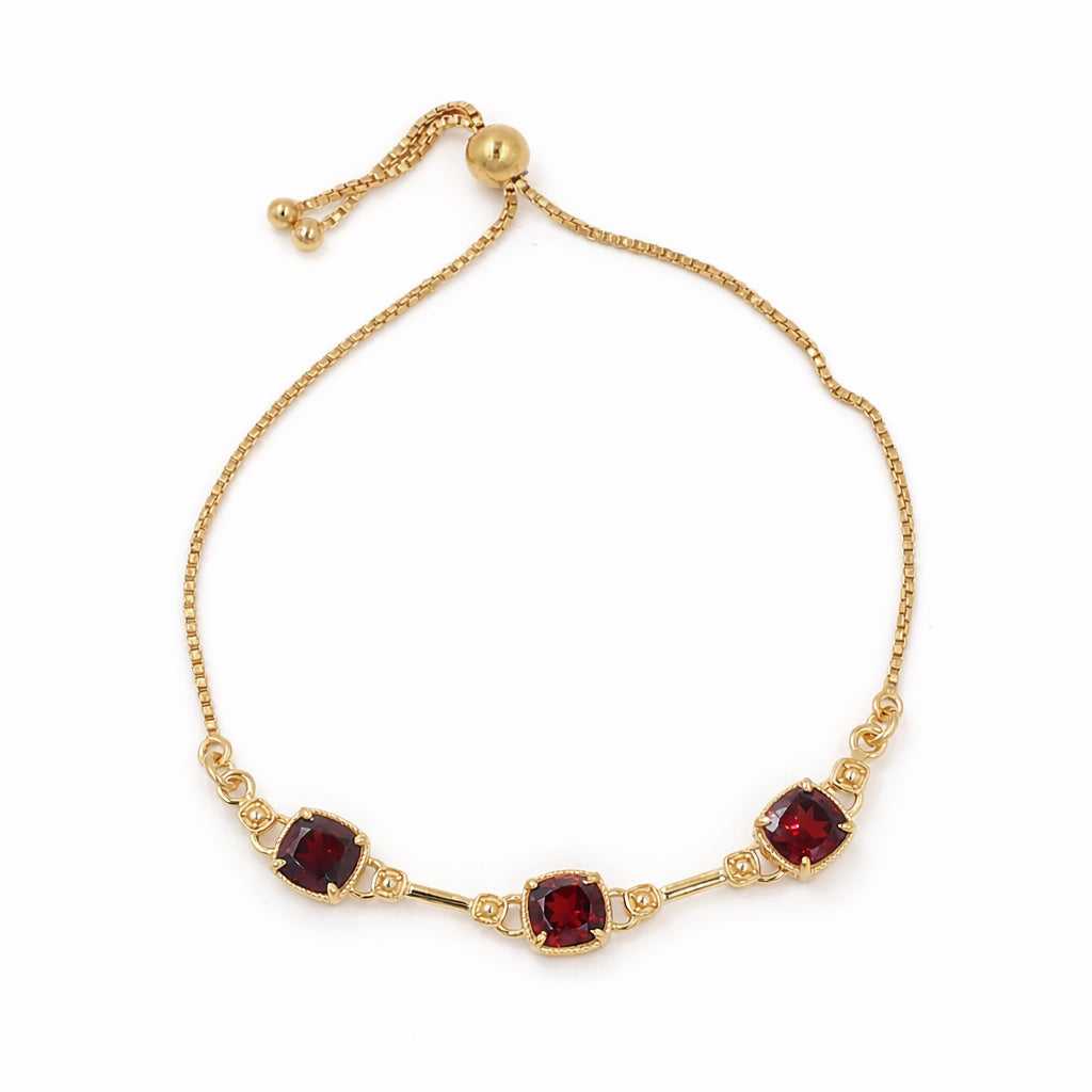 Garnet Cushion Shape Stone Charm Chain Link Bracelet in 925 Silver