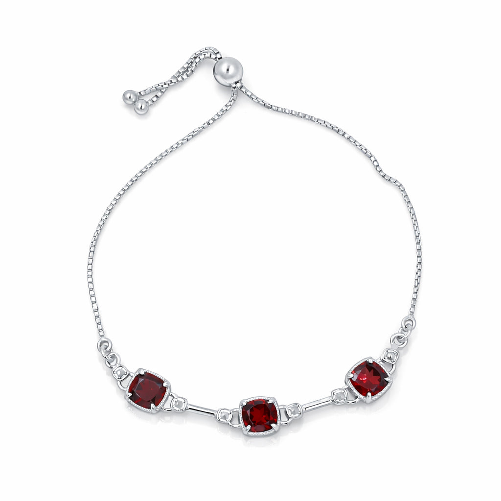 Garnet Cushion Shape Stone Charm Chain Link Bracelet in 925 Silver