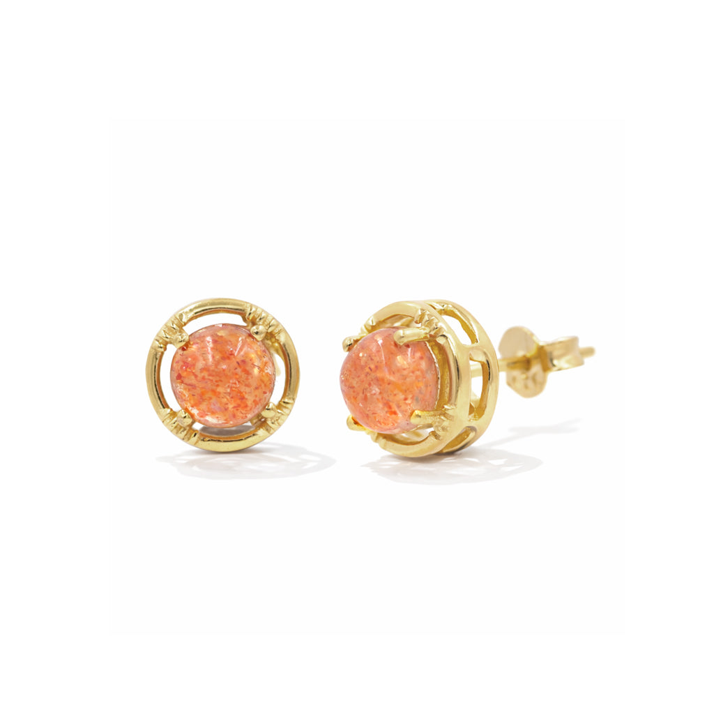 Sunstone Cabochon Circle Design Stud Earrings Prong Set