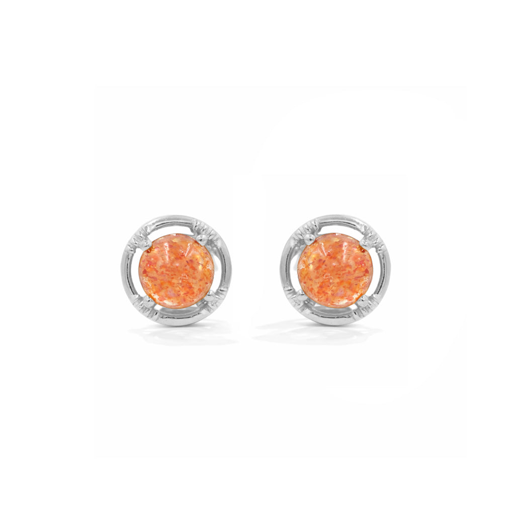 Sunstone Cabochon Circle Design Stud Earrings Prong Set