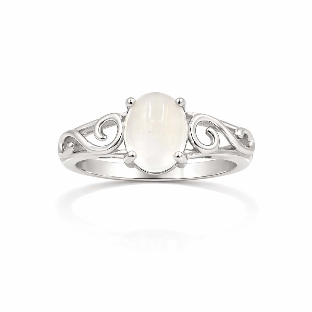 African Moonstone Oval Cabochon Designer Ring in 925 Sterling Silver Unique Engraved Band