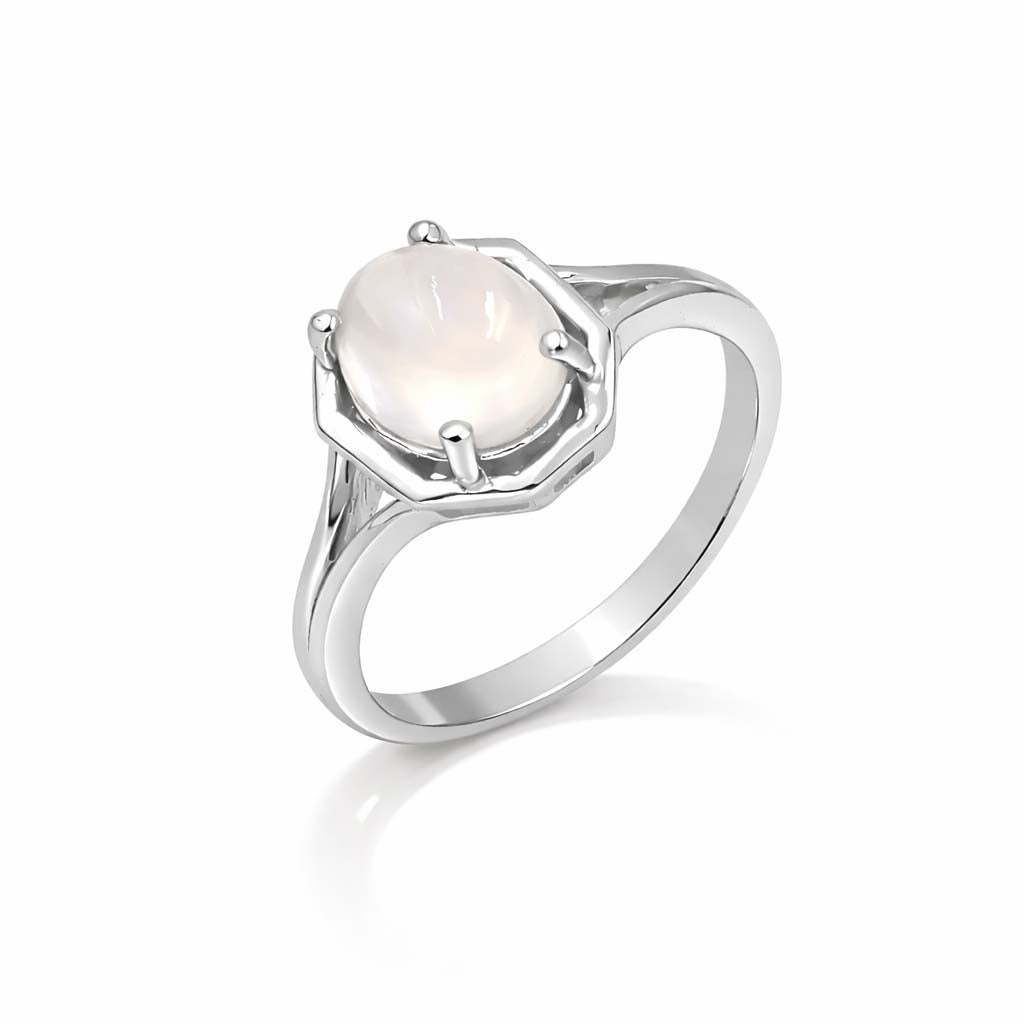 African Moonstone Oval Cabochon Octagon Border Modern Art Designer Ring in 925 Sterling Silver