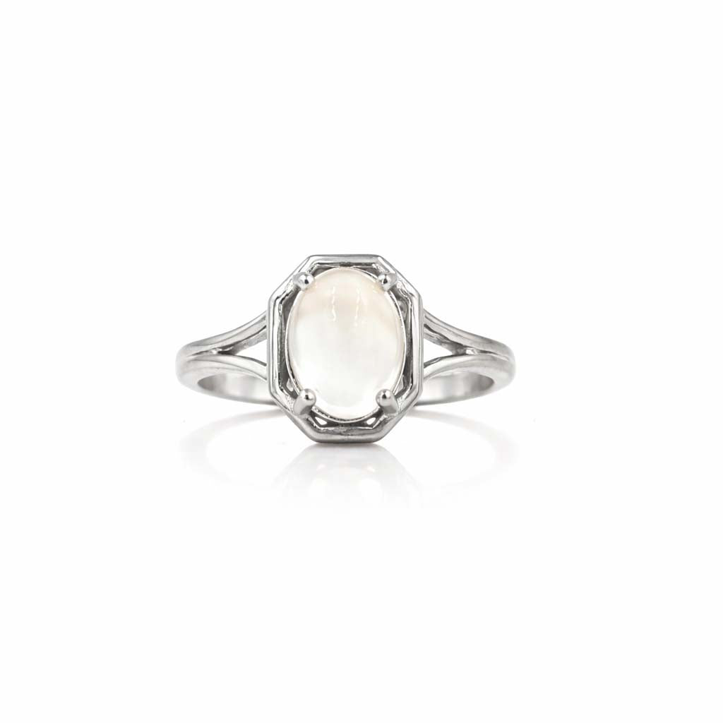 African Moonstone Oval Cabochon Octagon Border Modern Art Designer Ring in 925 Sterling Silver
