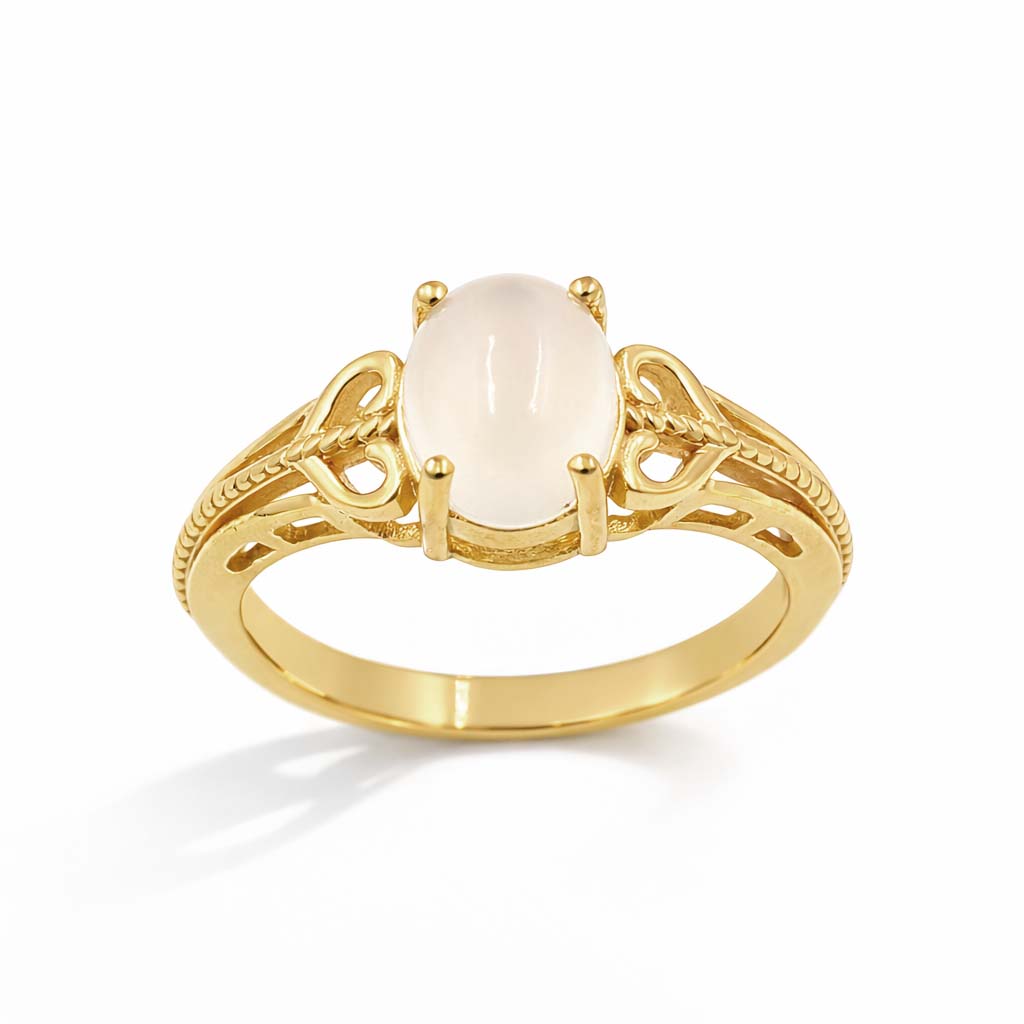 African Moonstone Oval Cabochon Heart Engraved Designer Ring in 925 Sterling Silver Gold and Rhodium Plated
