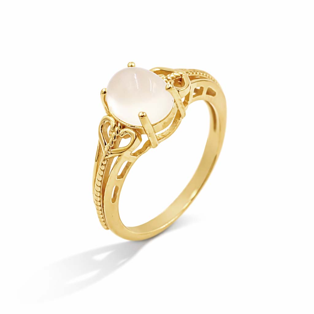 African Moonstone Oval Cabochon Heart Engraved Designer Ring in 925 Sterling Silver Gold and Rhodium Plated