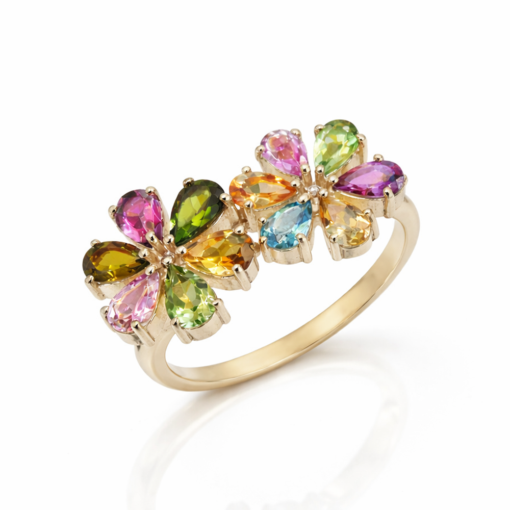 Multi Tourmaline Double Flower Ring American Pasqueflower Inspired in 925 Silver