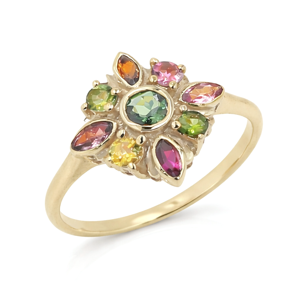 Multi Tourmaline Floral Designer Ring Marquise and Round Stones in 925 Silver