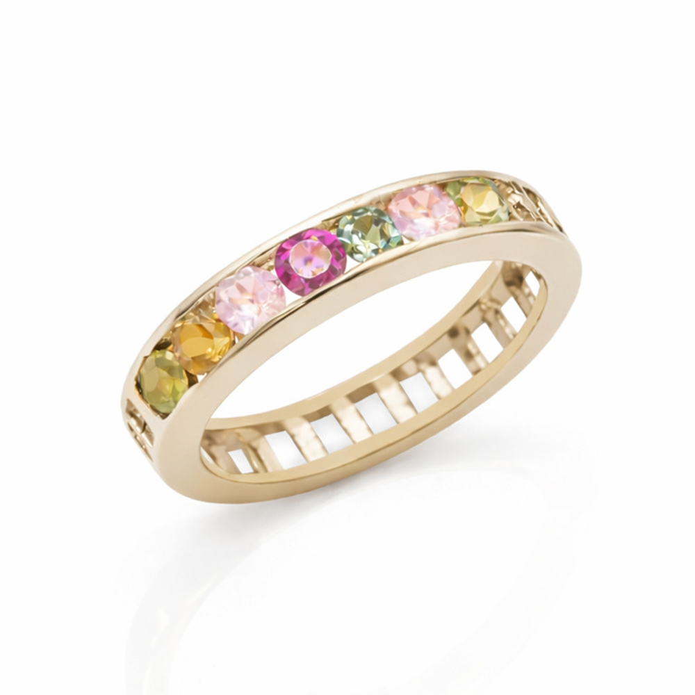 Multi Tourmaline Oval Bar Ring in 925 Sterling Silver Gold Plated