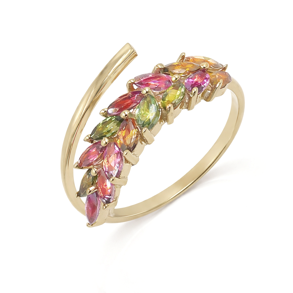 Multi Tourmaline Marquise Leaf Design Ring in 925 Silver