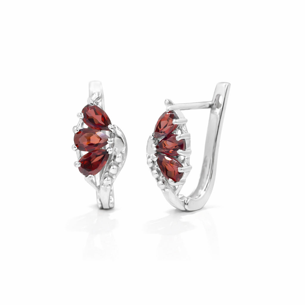 Garnet Butterfly Wing Pear Shape 3 Stone Latch Back Sterling Silver Designer Earrings