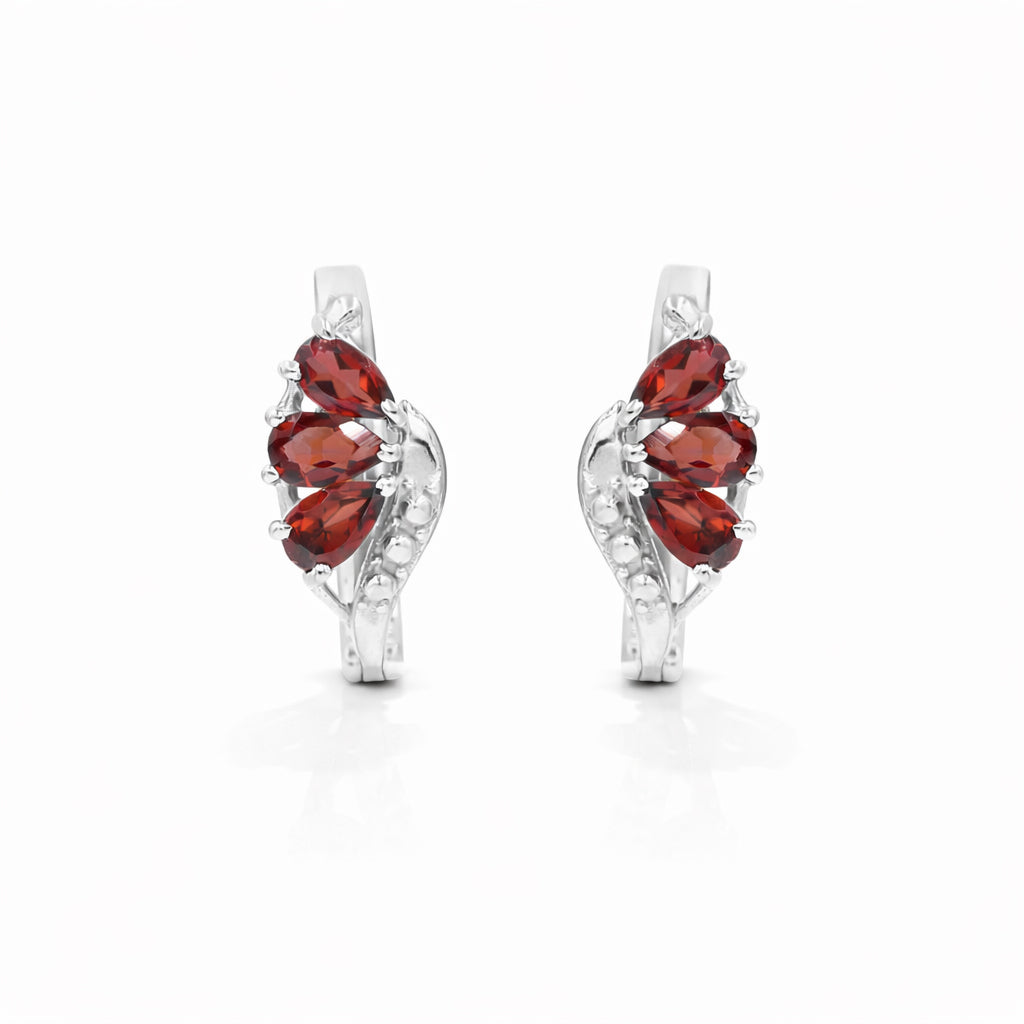 Garnet Butterfly Wing Pear Shape 3 Stone Latch Back Sterling Silver Designer Earrings