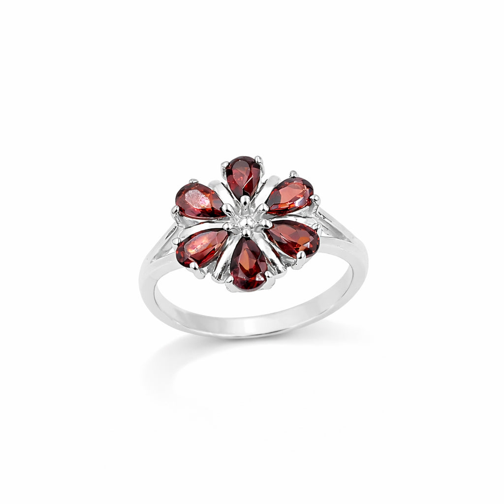 Garnet Red Lily Flower 6 Pear Shape Stone Floral Designer Sterling Silver Ring