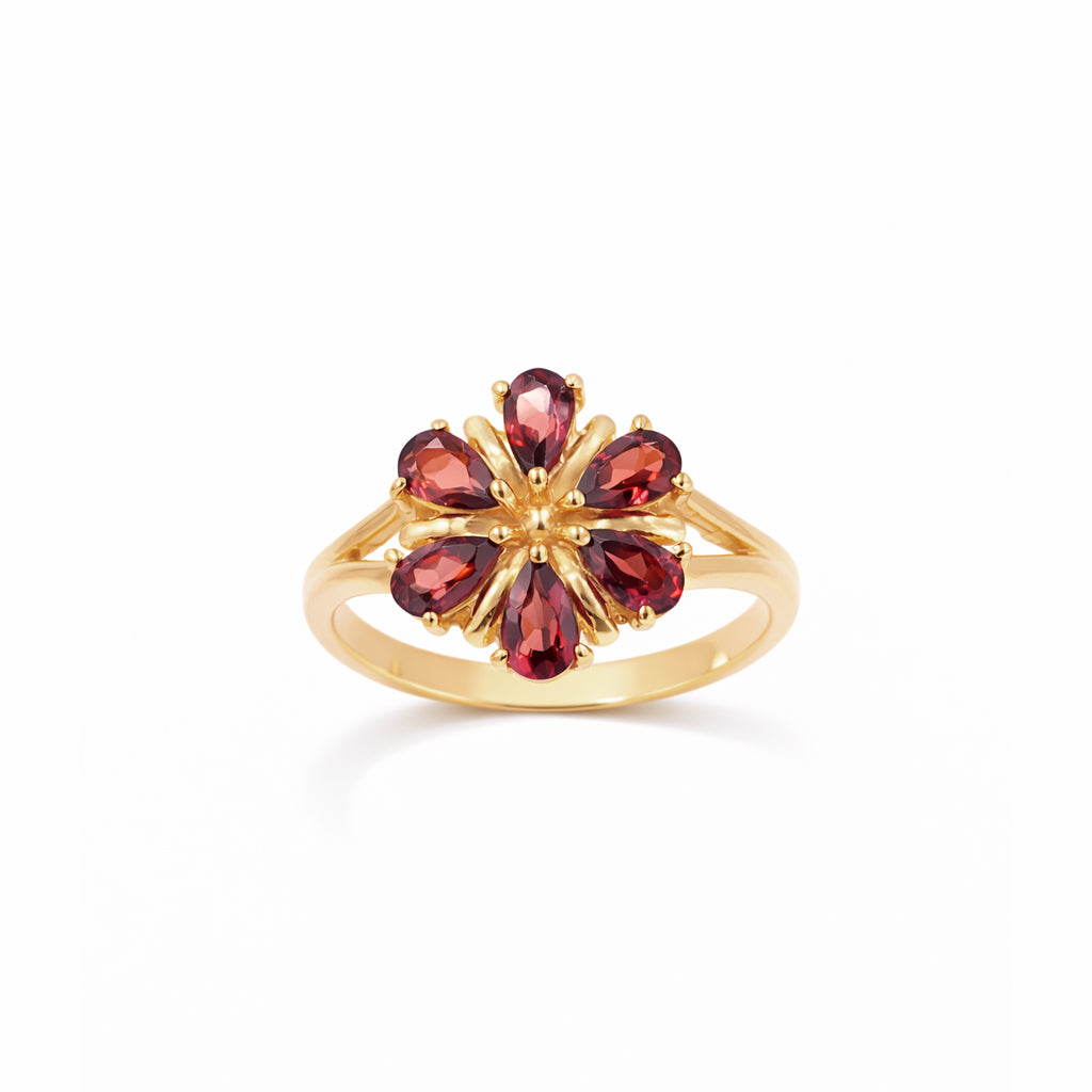Garnet Red Lily Flower 6 Pear Shape Stone Floral Designer Sterling Silver Ring