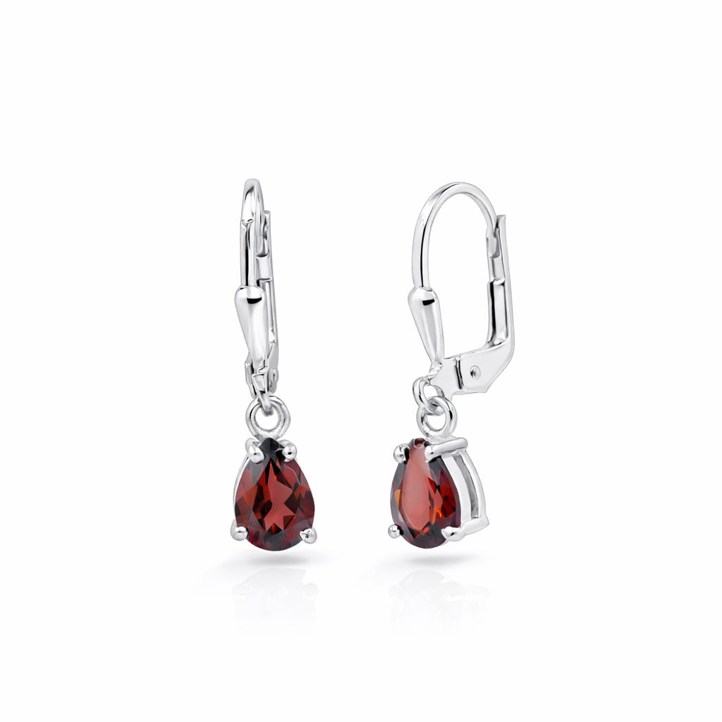 Garnet Pear Shape Drop Earrings – Solitaire Prong Set Sterling Silver 925 Designer Earrings