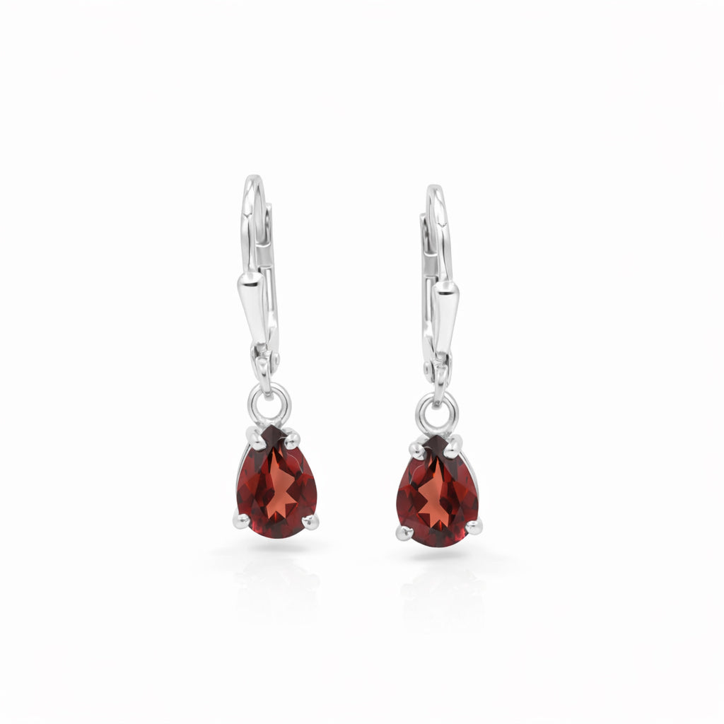 Garnet Pear Shape Drop Earrings – Solitaire Prong Set Sterling Silver 925 Designer Earrings