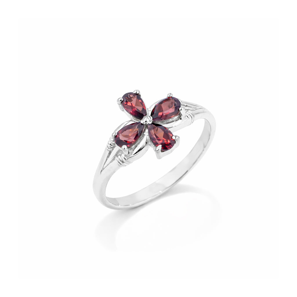 Garnet Red Poppy Flower 4 Petal Pear Shape Sterling Silver 925 Designer Ring