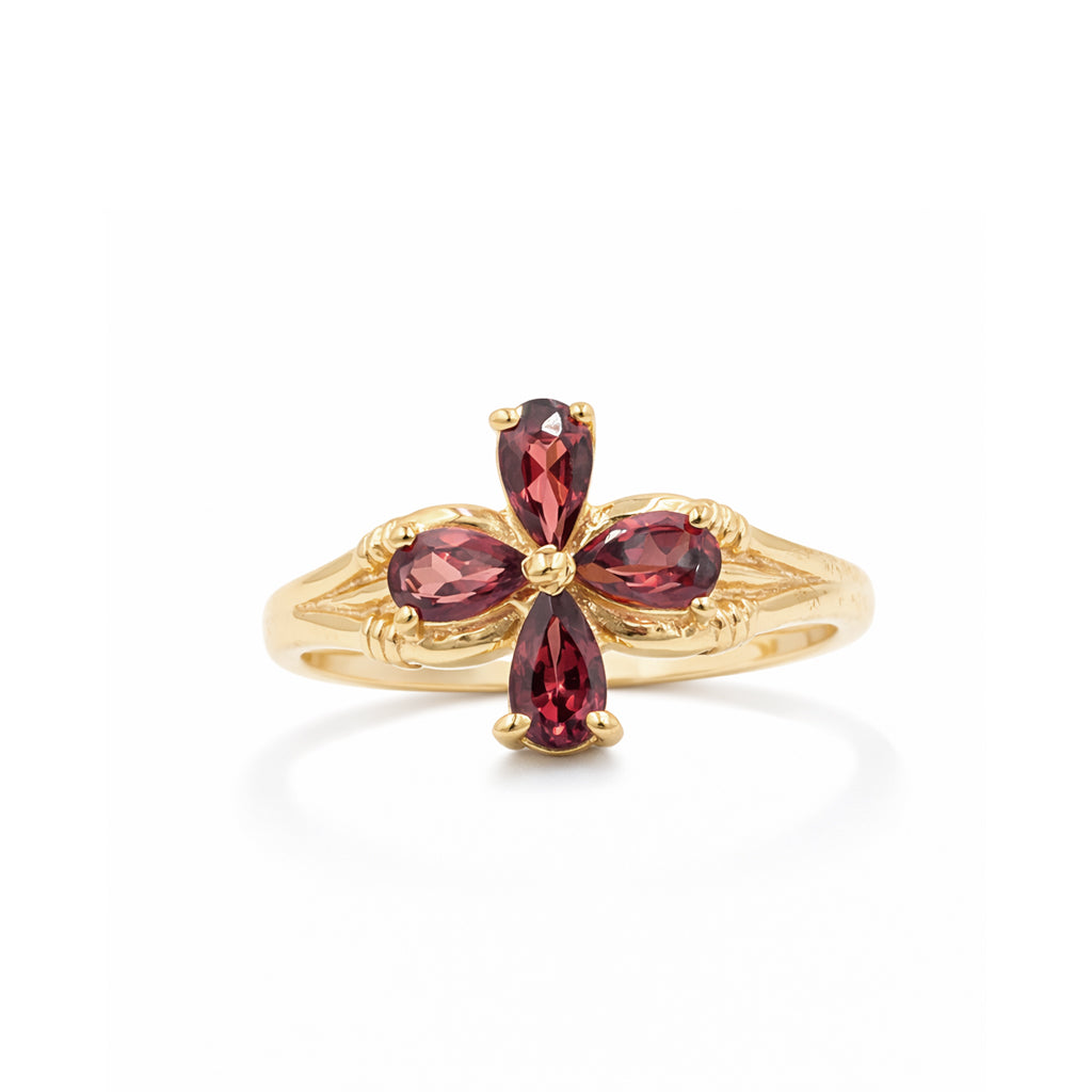 Garnet Red Poppy Flower 4 Petal Pear Shape Sterling Silver 925 Designer Ring