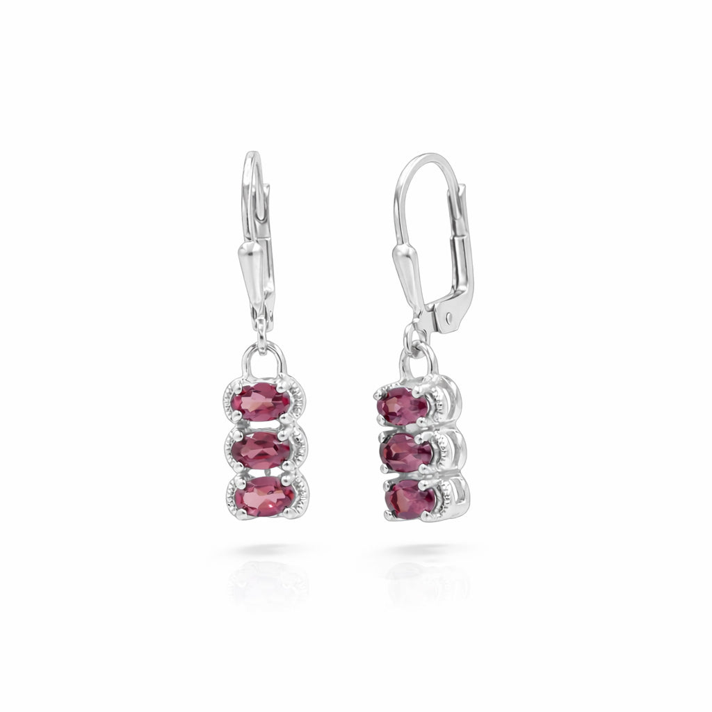 Garnet Bar Drop Earrings – Oval Three Stone Prong Set Latch Lock Sterling Silver Designer Earrings