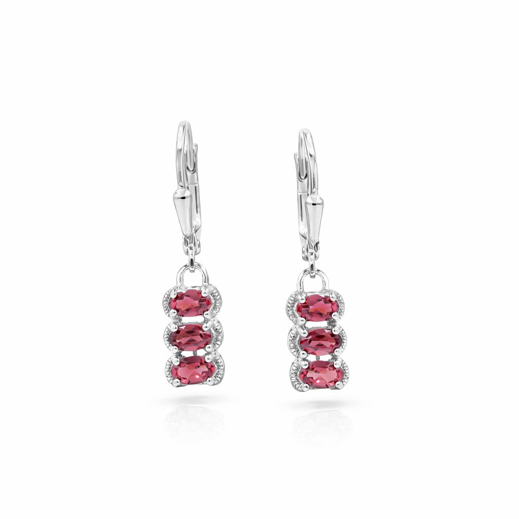 Garnet Bar Drop Earrings – Oval Three Stone Prong Set Latch Lock Sterling Silver Designer Earrings