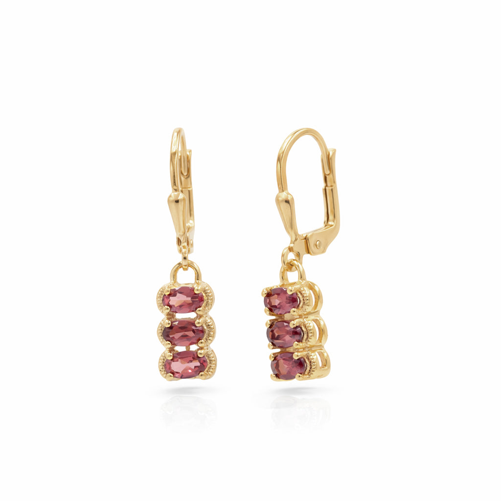 Garnet Bar Drop Earrings – Oval Three Stone Prong Set Latch Lock Sterling Silver Designer Earrings