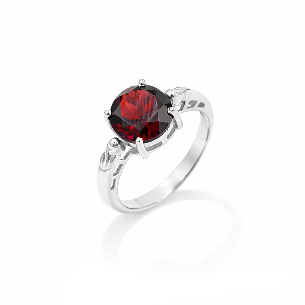 Garnet Solitaire Ring – Round Shape Single Stone Fancy Band Sterling Silver Designer Ring