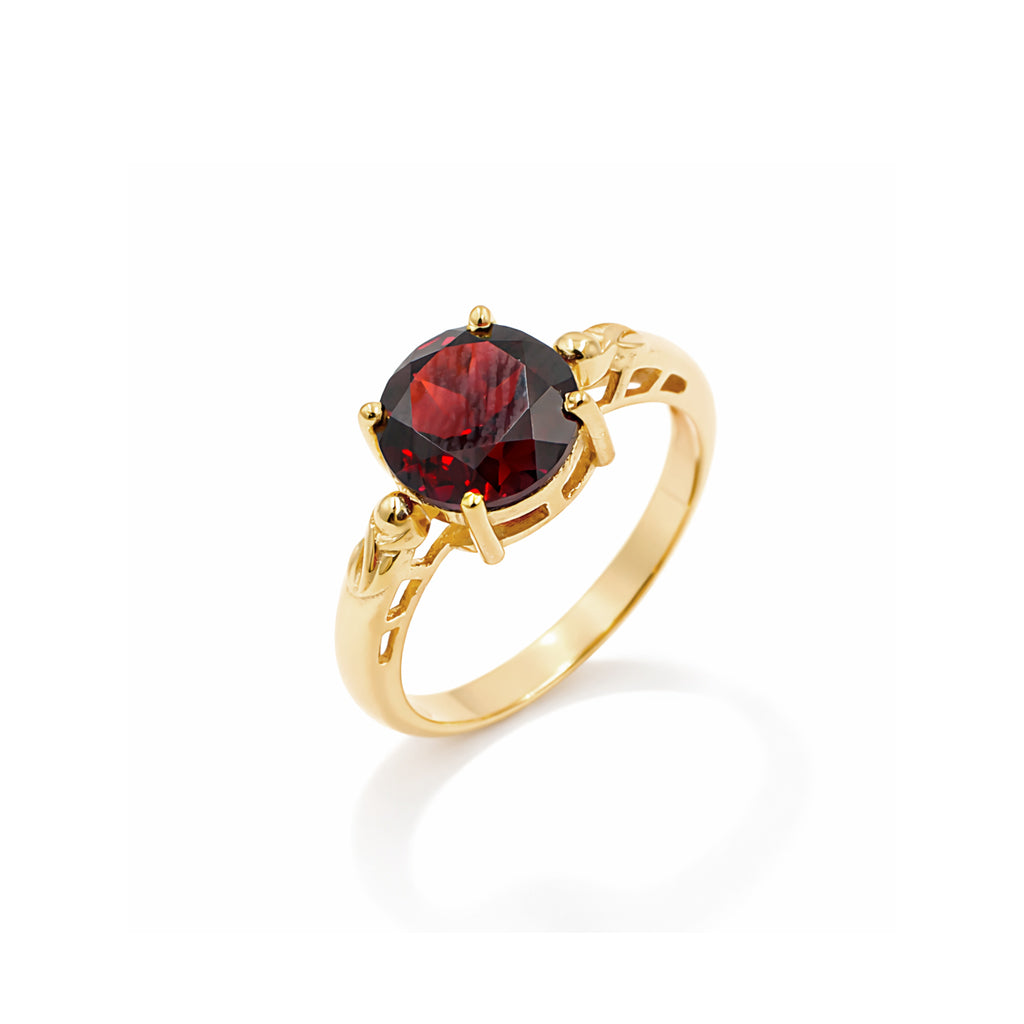 Garnet Solitaire Ring – Round Shape Single Stone Fancy Band Sterling Silver Designer Ring