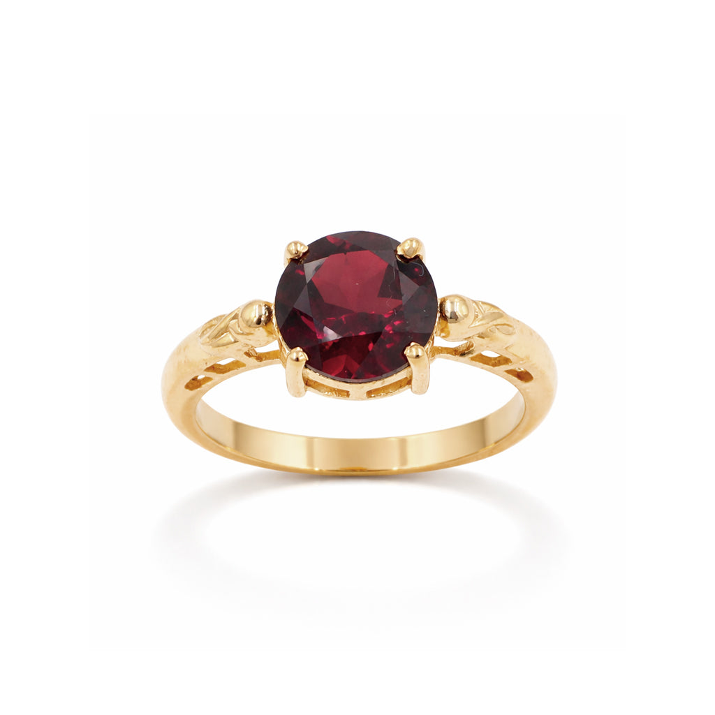 Garnet Solitaire Ring – Round Shape Single Stone Fancy Band Sterling Silver Designer Ring