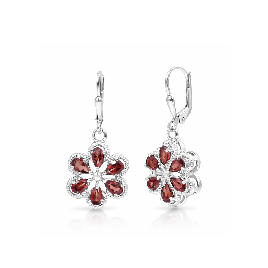 Garnet Flower Drop Earrings – 6 Petal Pear Shape Sterling Silver 925 Designer Earrings