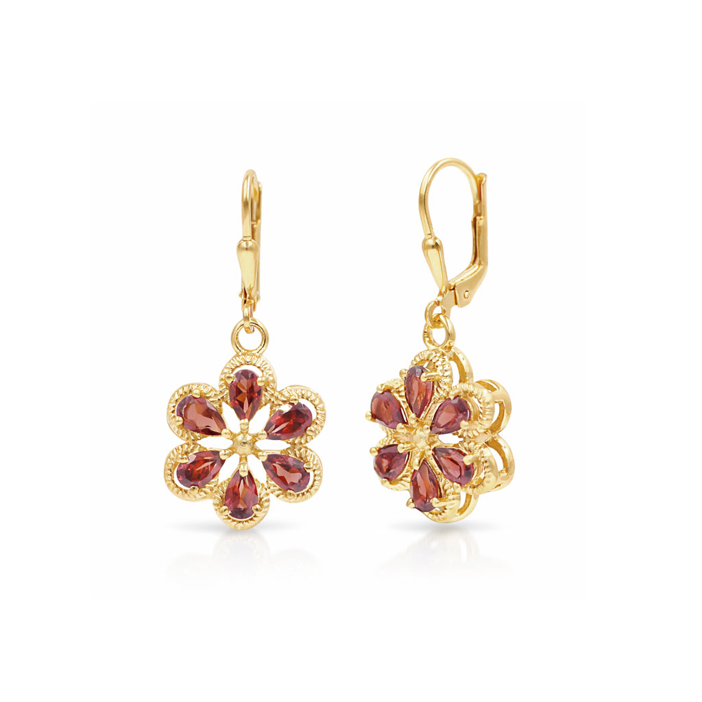 Garnet Flower Drop Earrings – 6 Petal Pear Shape Sterling Silver 925 Designer Earrings