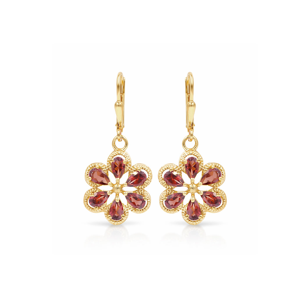 Garnet Flower Drop Earrings – 6 Petal Pear Shape Sterling Silver 925 Designer Earrings