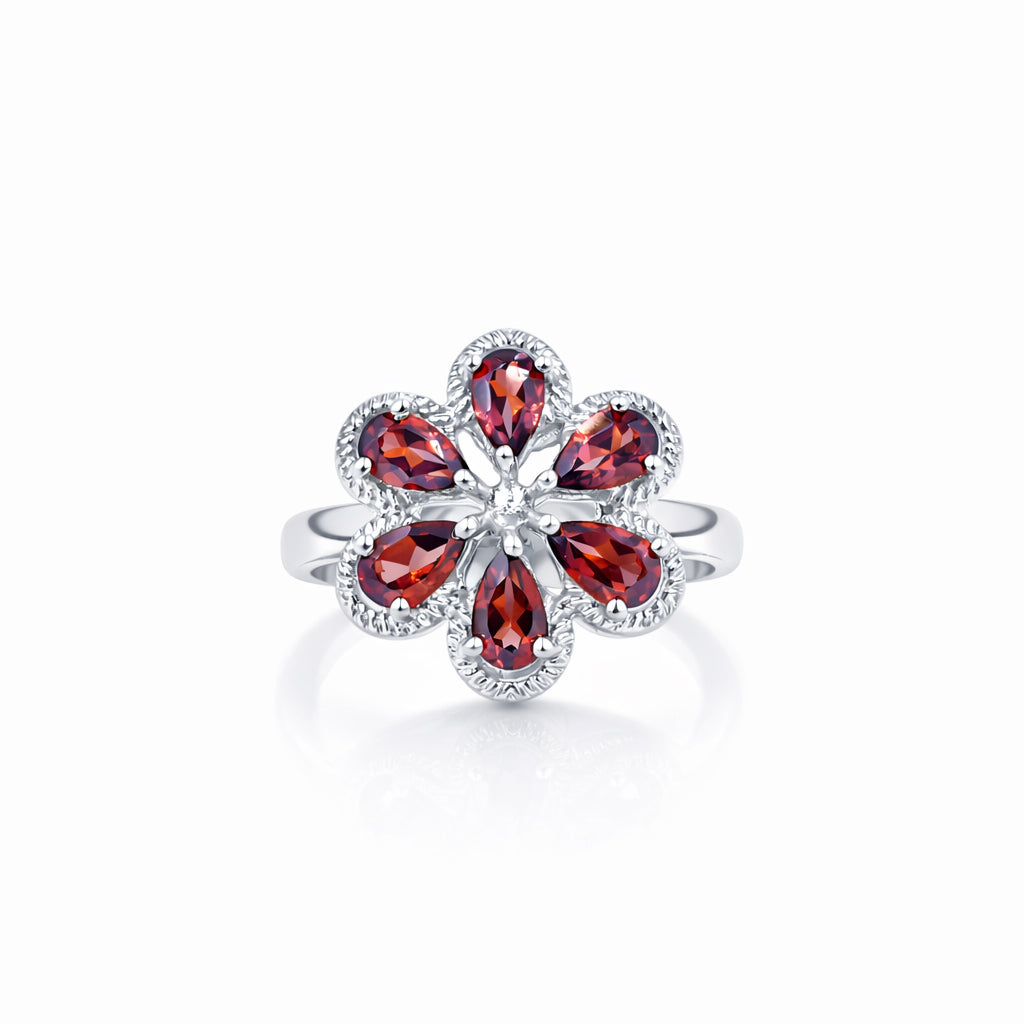 Garnet Flower Ring Pear Shape Gemstone Floral Design with Rope Border Sterling Silver Designer Ring
