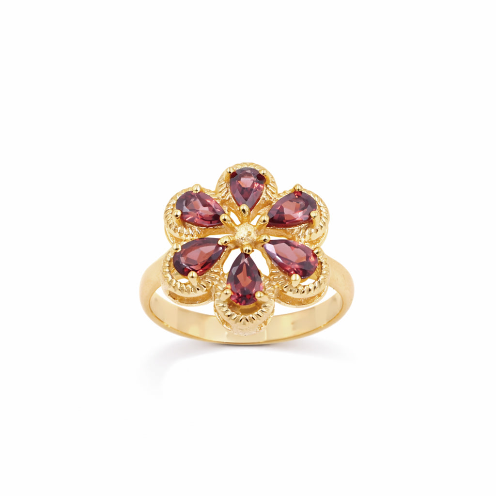 Garnet Flower Ring Pear Shape Gemstone Floral Design with Rope Border Sterling Silver Designer Ring