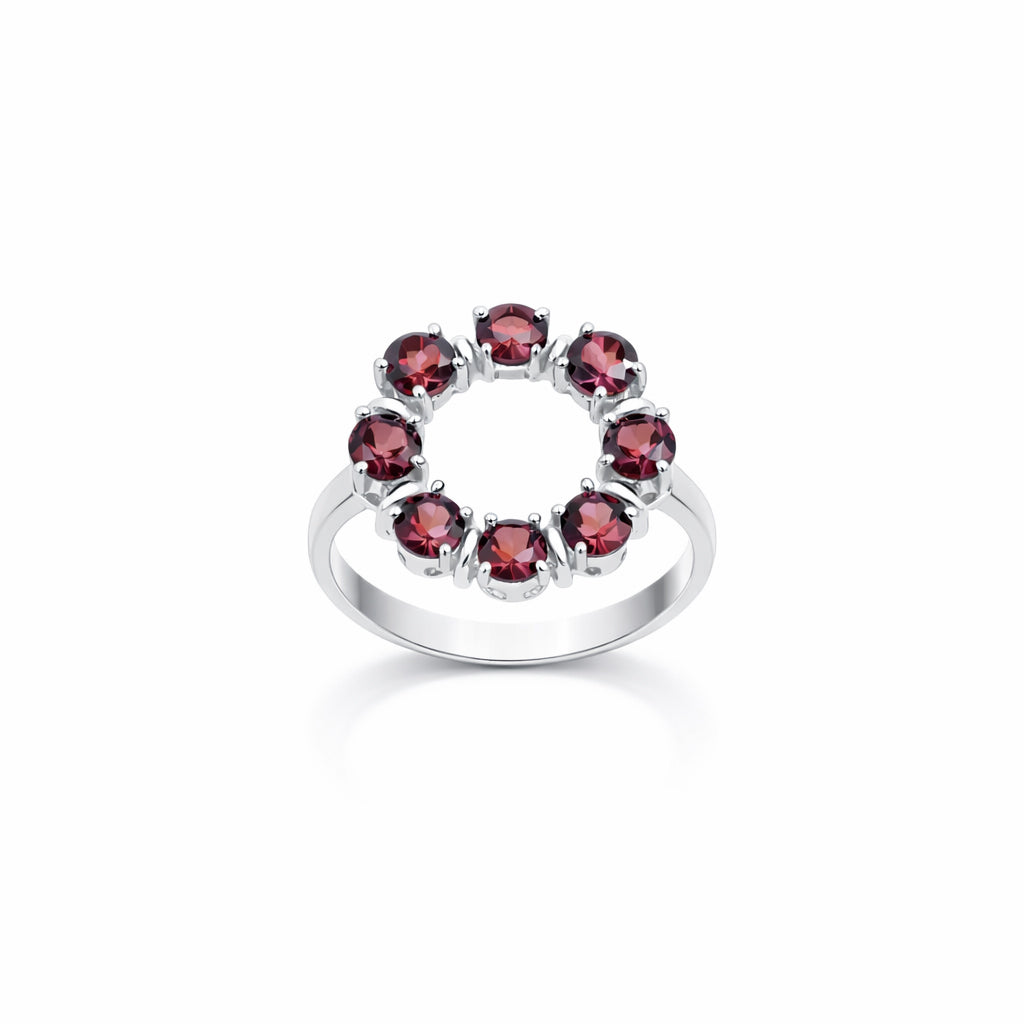 Seven Days of Love Garnet Circle 7 Round Stone Prong Set Sterling Silver Designer Ring